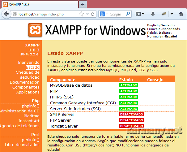 XAMPP instalado en Windows 8.1
